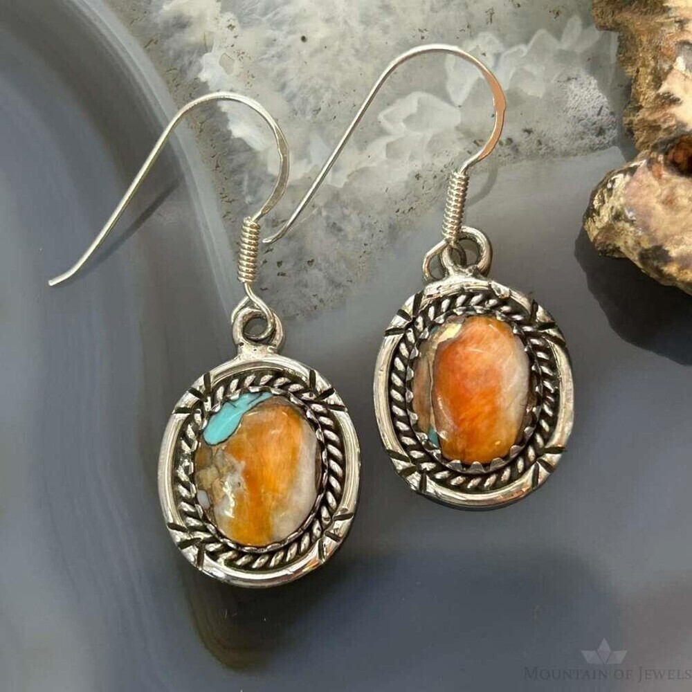 Sterling Southwestern Style Spiny Oyster Turquoise Dangle Earrings For Women #6